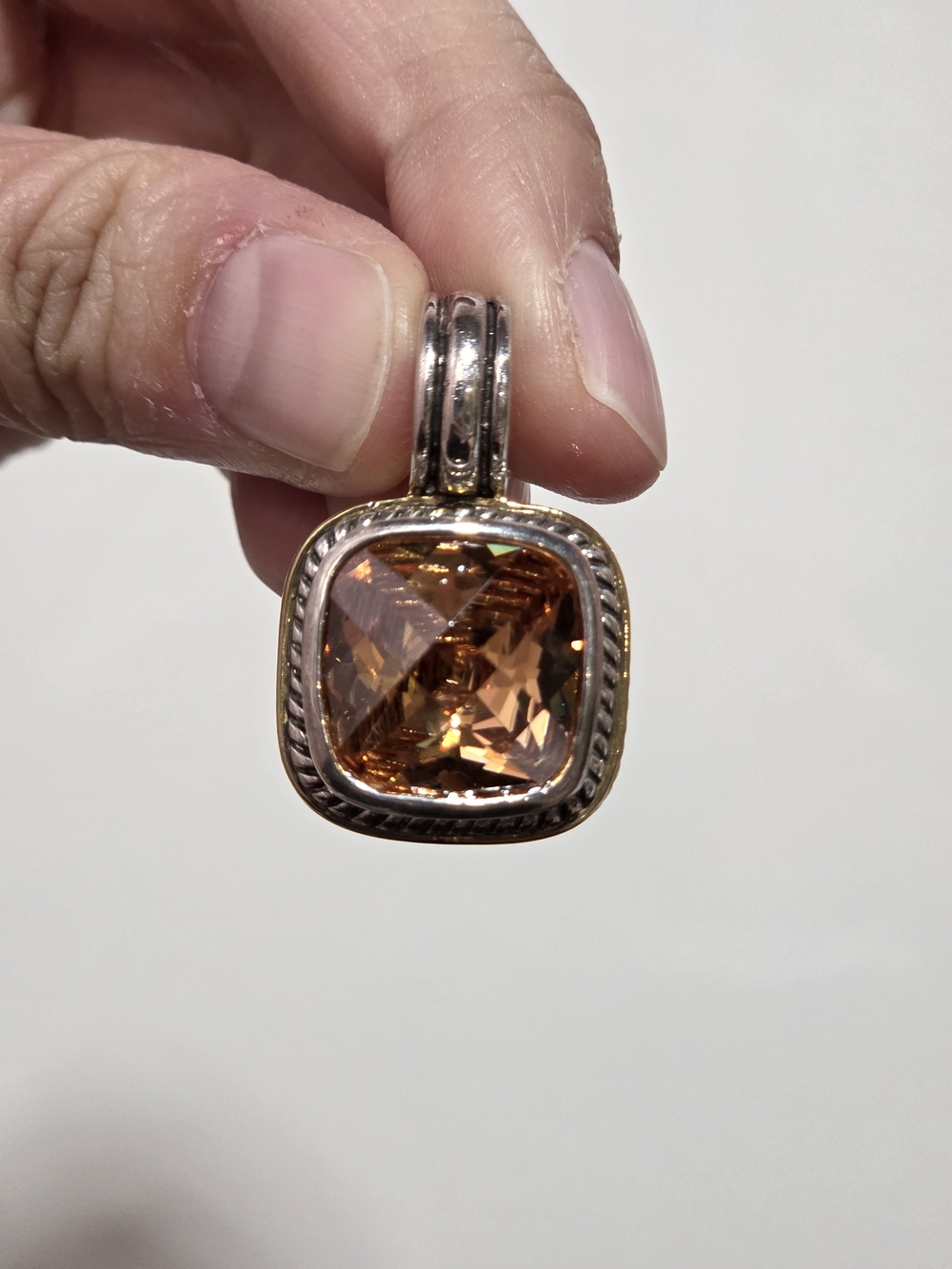 David Yurman Style Cushion-Cut Cognac Pendant with Sterling Rope Frame